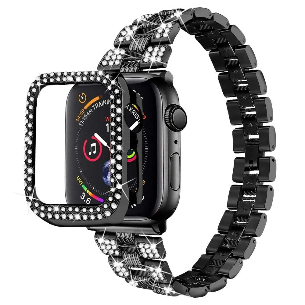 Apple Watch (45mm) rhinestone stainless steel watch strap   cover - Black / Black