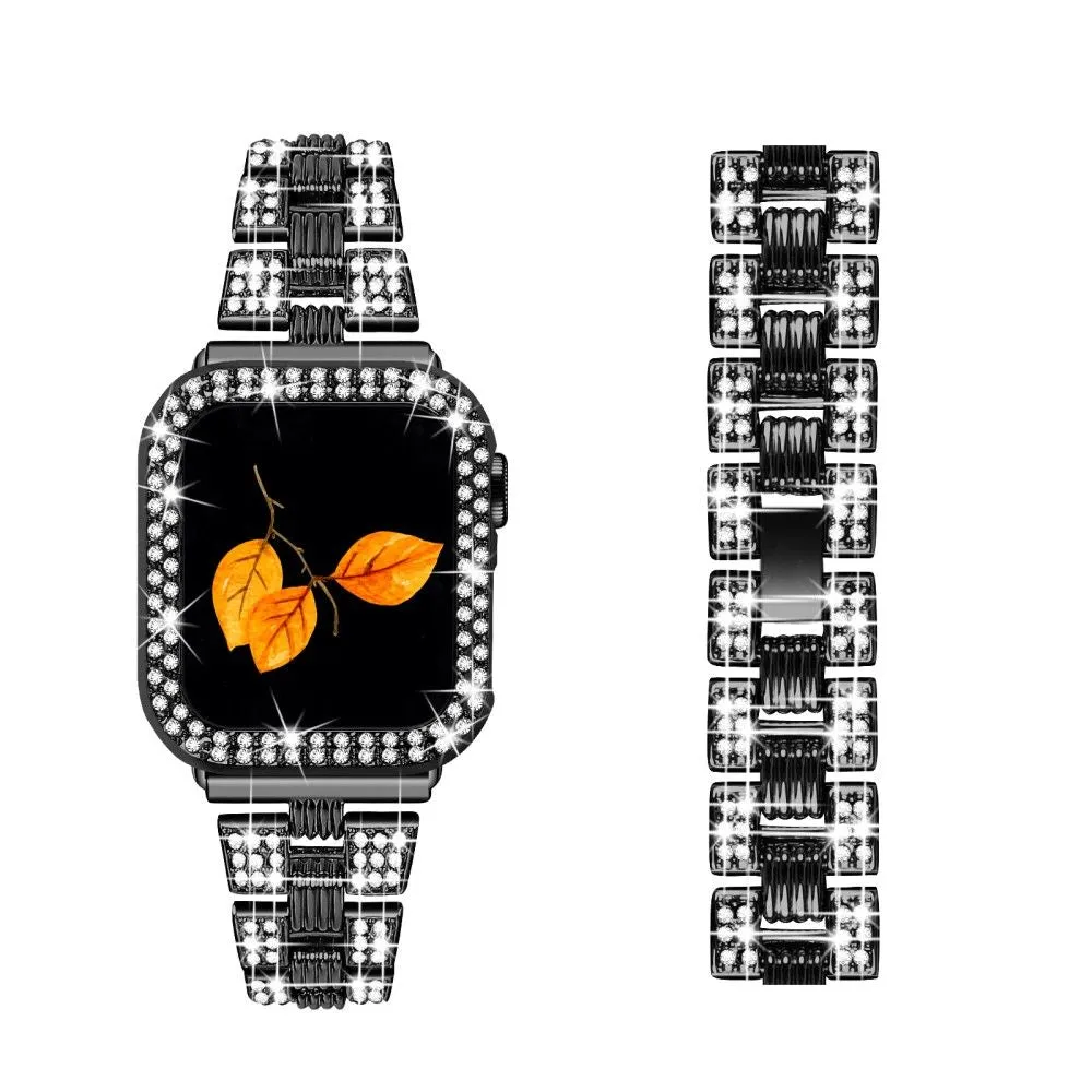 Apple Watch (45mm) rhinestone stainless steel watch strap   cover - Black / Black