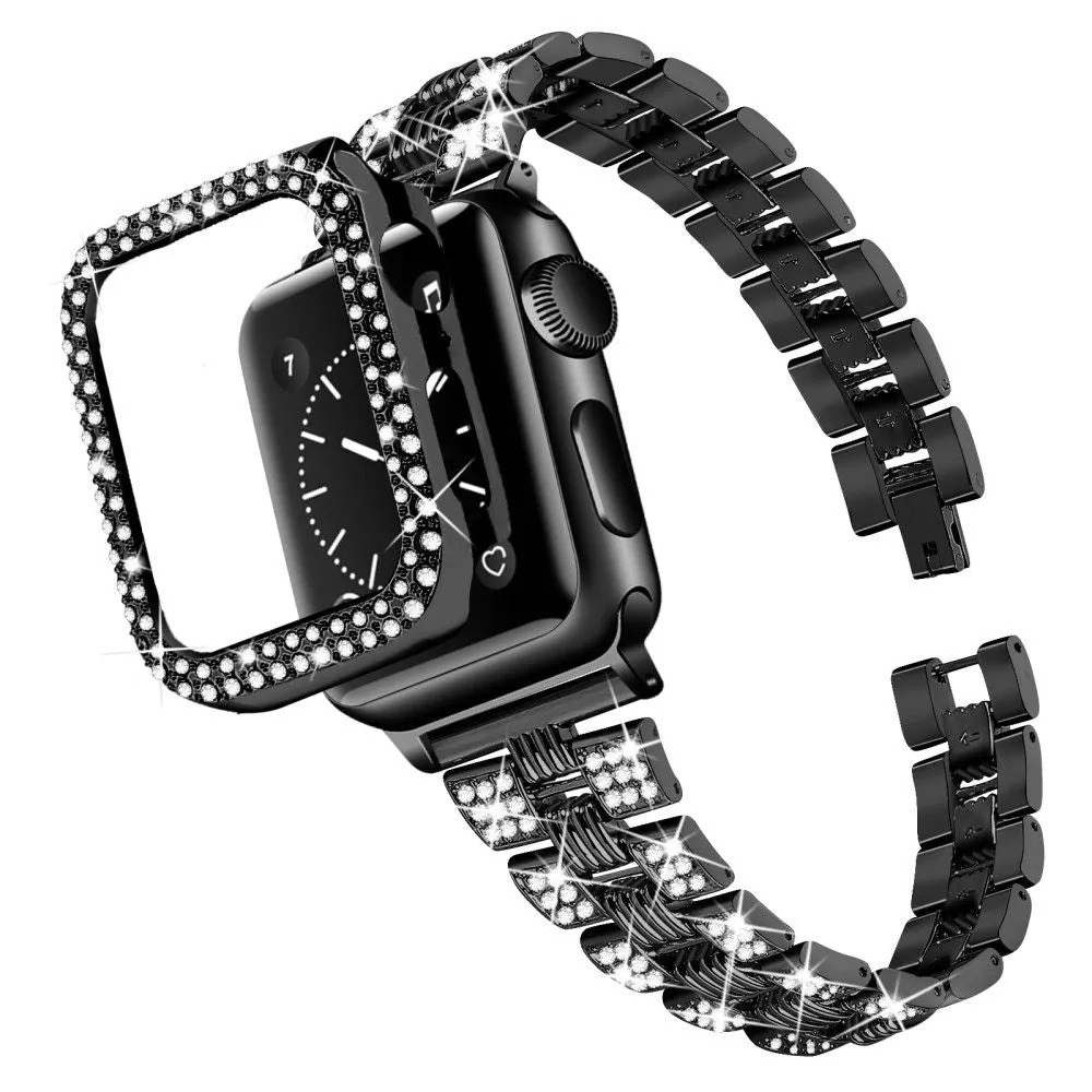 Apple Watch (45mm) rhinestone stainless steel watch strap   cover - Black / Black