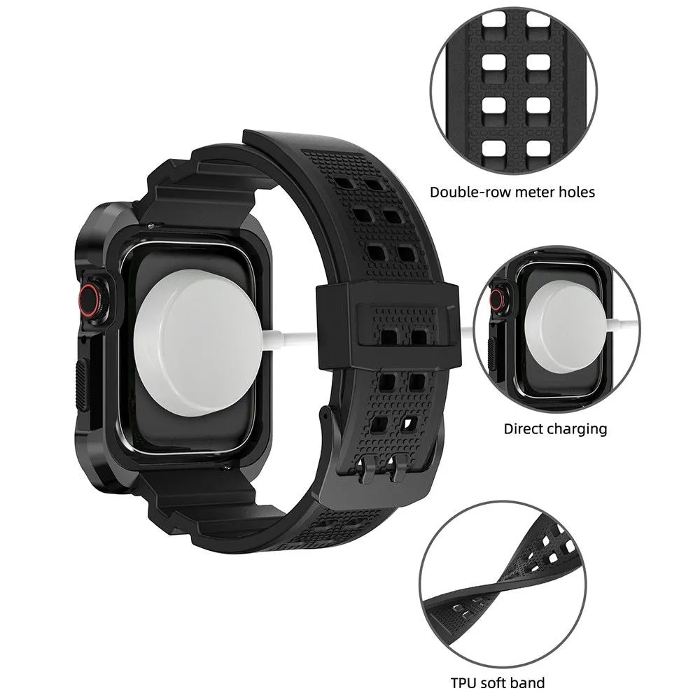 Apple Watch (45mm) silicone watch strap   metal watch cover - Black