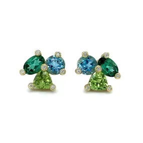 Aquamarine, Green Topaz, and Peridot Studs - "Clover"