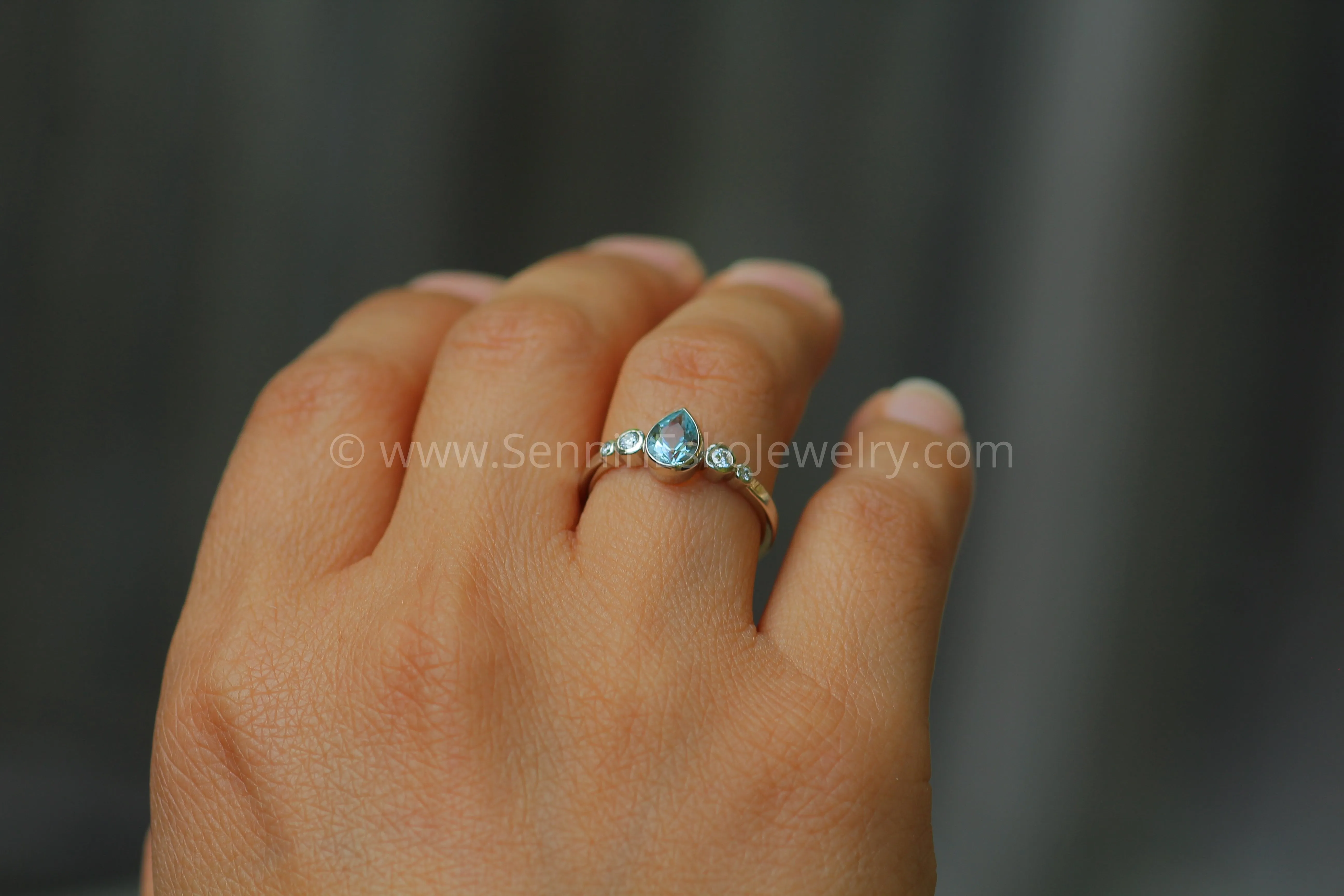 Aquamarine Tear Drop and Diamond Multi Bezel Engagement Ring