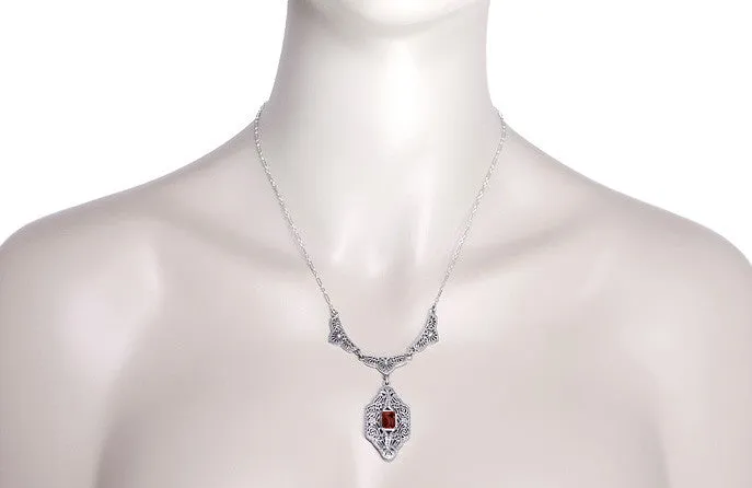 Art Deco Filigree Almandite Garnet Drop Pendant Vintage Necklace in Sterling Silver