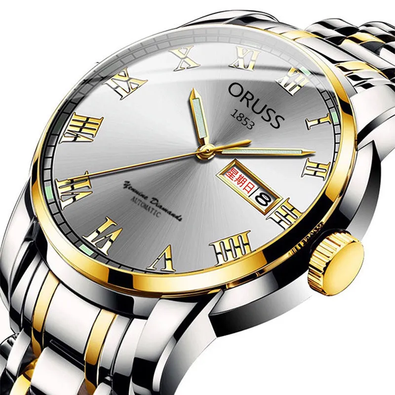 Automatic Mechanical Watch Men's Calendar Luminous Waterproof round Ordinary Glass Mirror Wrist Watch