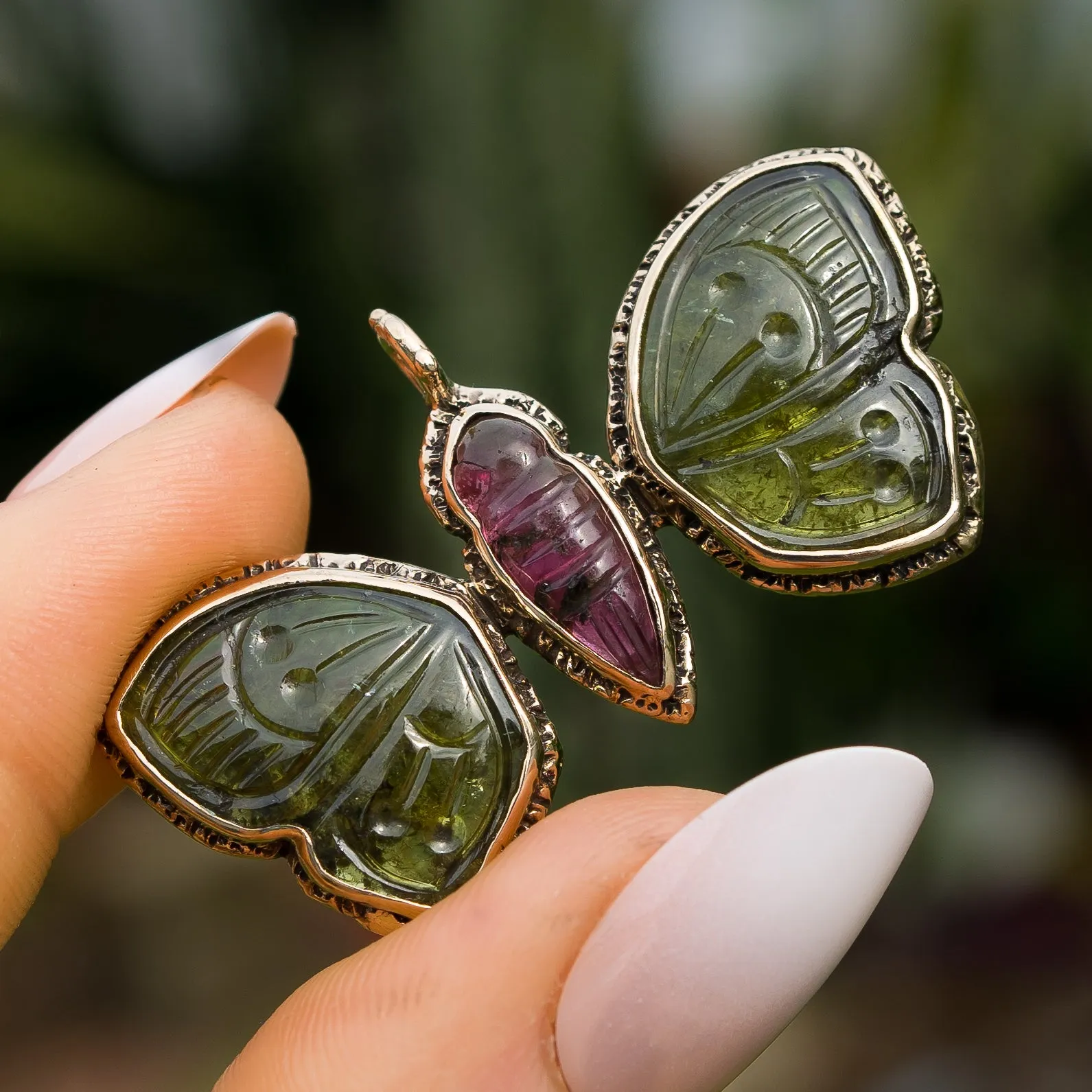 AVAILABLE PRE-ORDER- Carved Tourmaline Butterfly Bronze Pendant