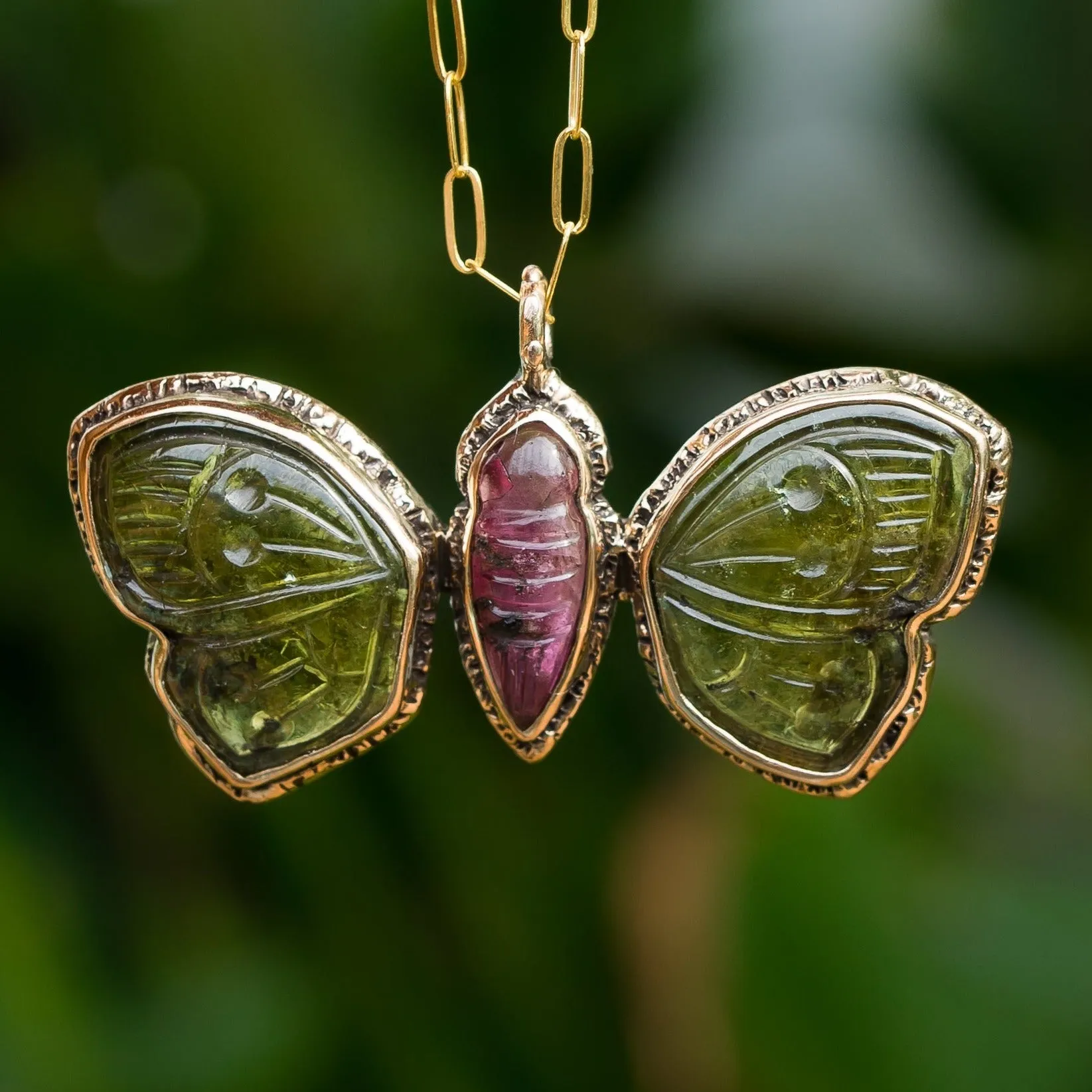 AVAILABLE PRE-ORDER- Carved Tourmaline Butterfly Bronze Pendant