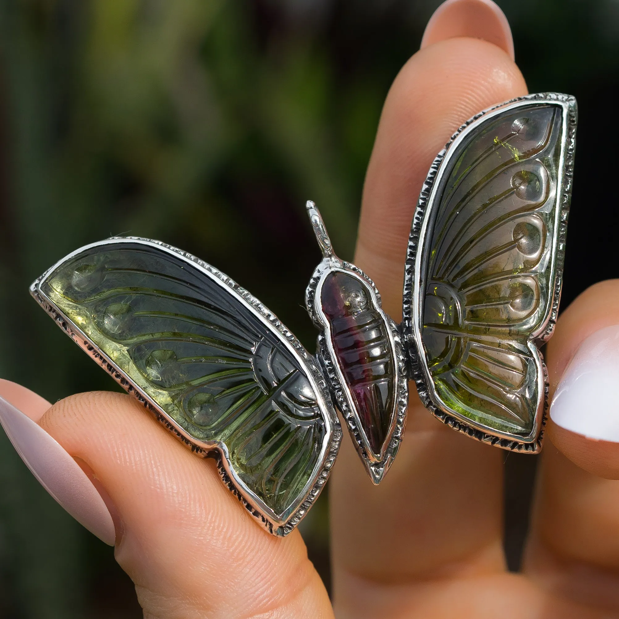 AVAILABLE PRE-ORDER- Carved Tourmaline Butterfly Silver Pendant