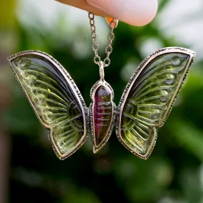 AVAILABLE PRE-ORDER- Carved Tourmaline Butterfly Silver Pendant