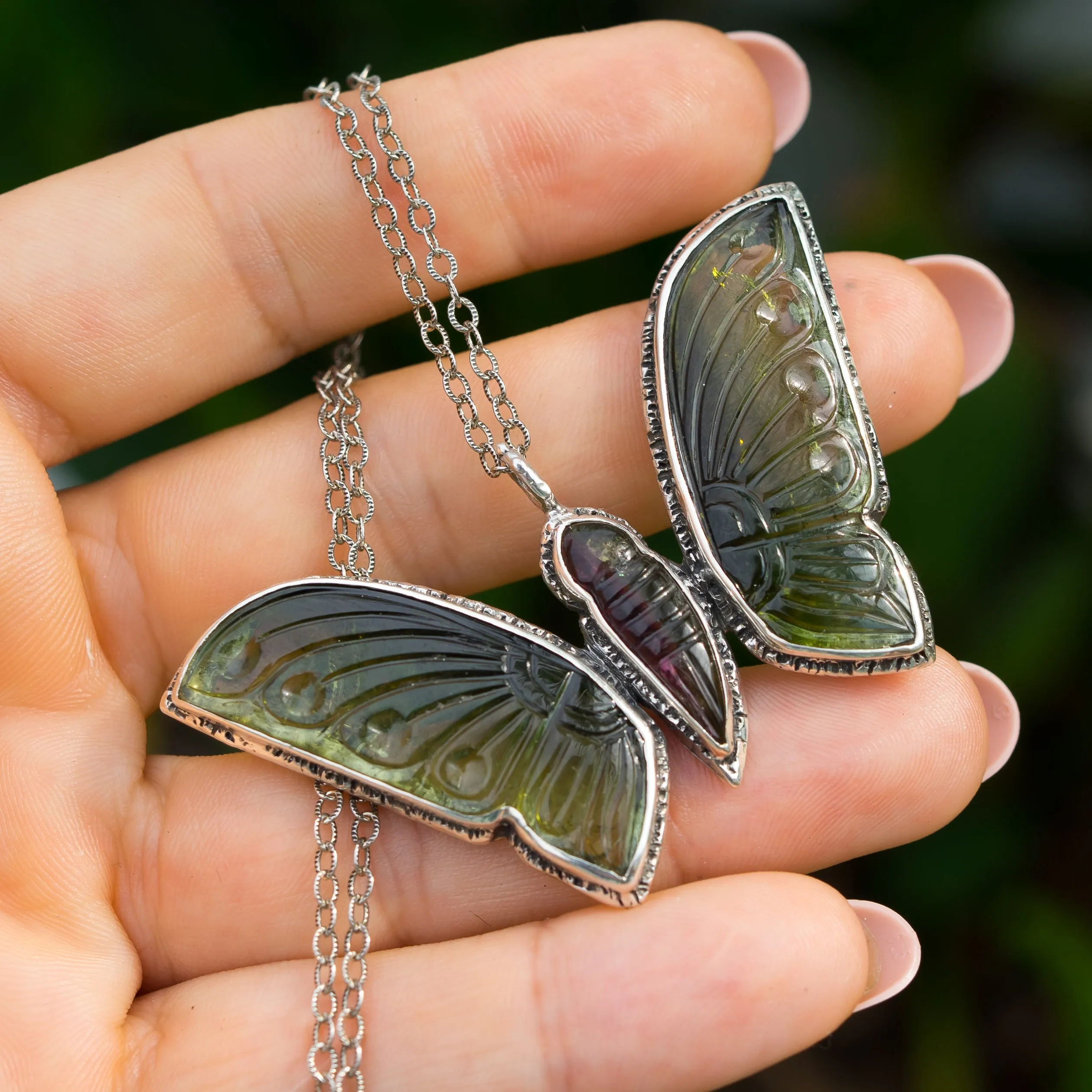 AVAILABLE PRE-ORDER- Carved Tourmaline Butterfly Silver Pendant