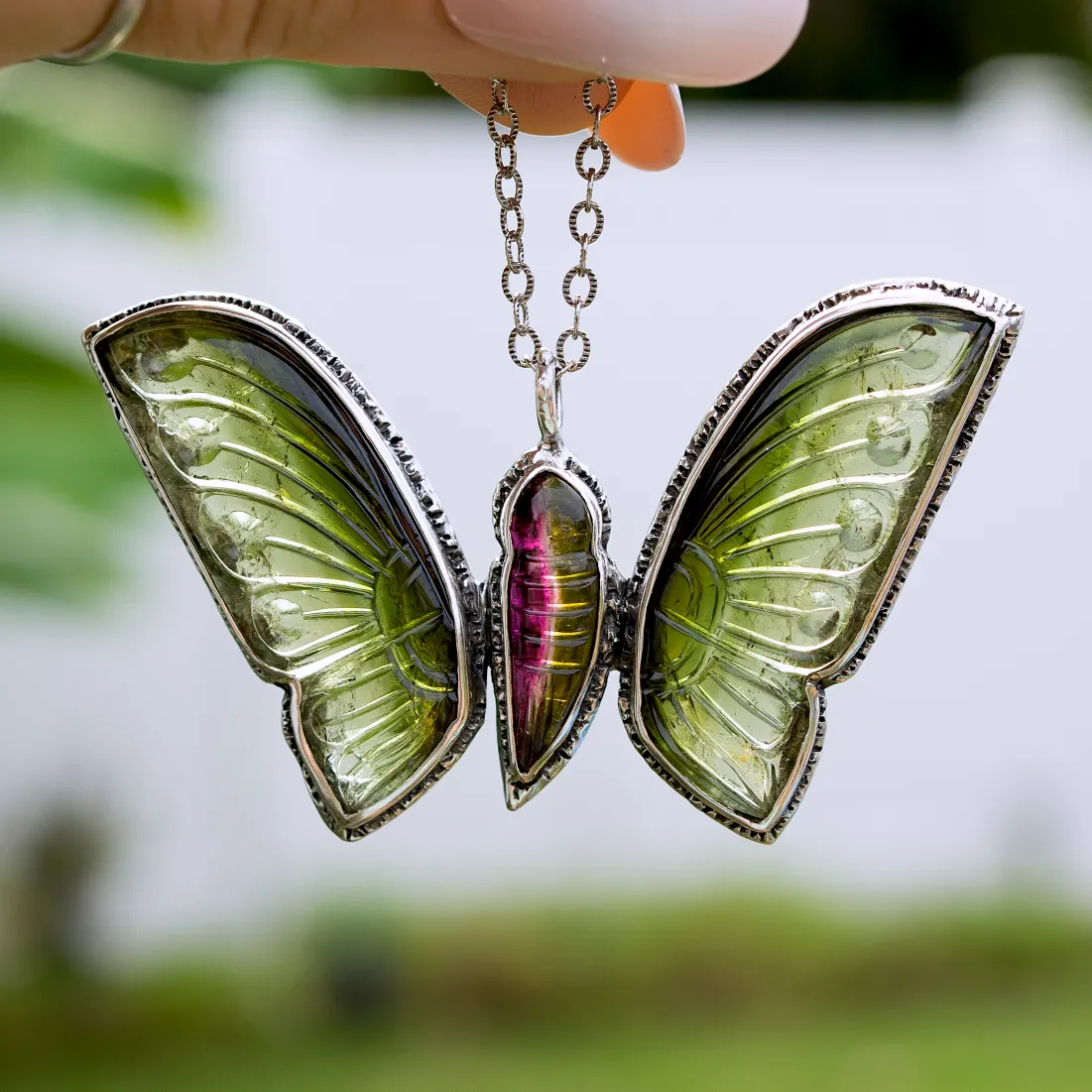 AVAILABLE PRE-ORDER- Carved Tourmaline Butterfly Silver Pendant