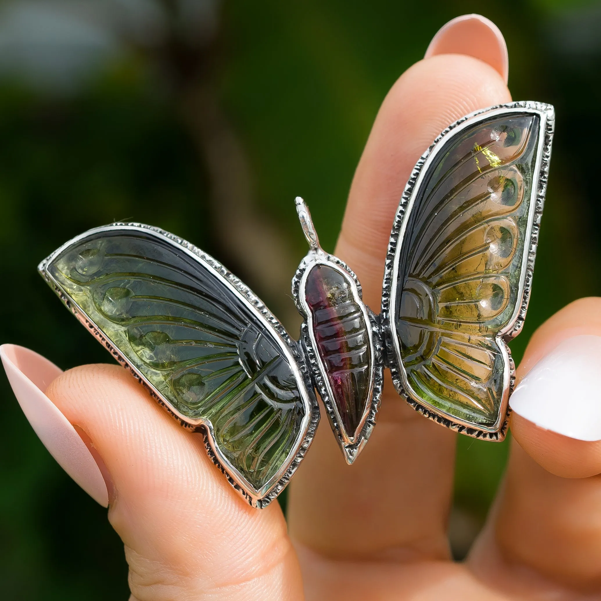 AVAILABLE PRE-ORDER- Carved Tourmaline Butterfly Silver Pendant