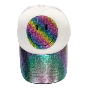 Bari Lynn Rhinestone Holographic Trucker Hat - Rainbow Happy