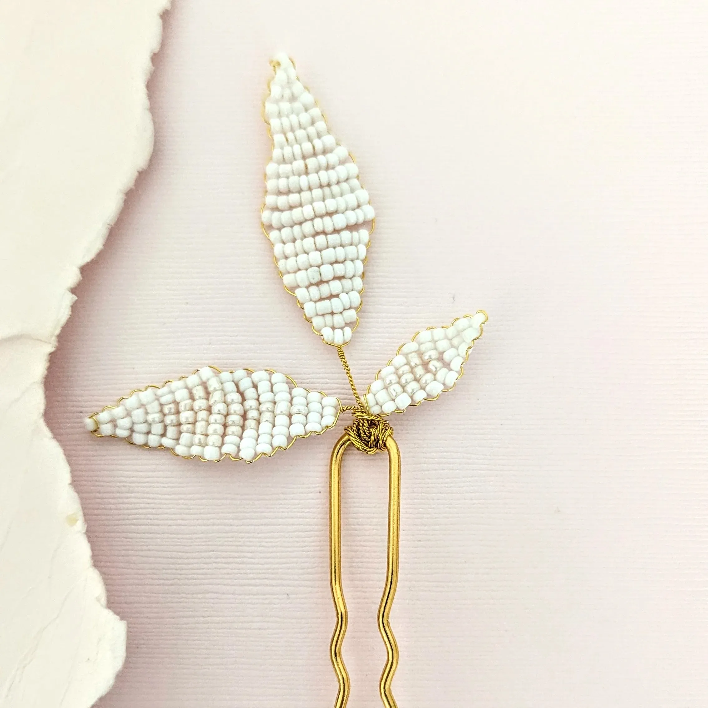 Beaded White Leaf Hair Pin