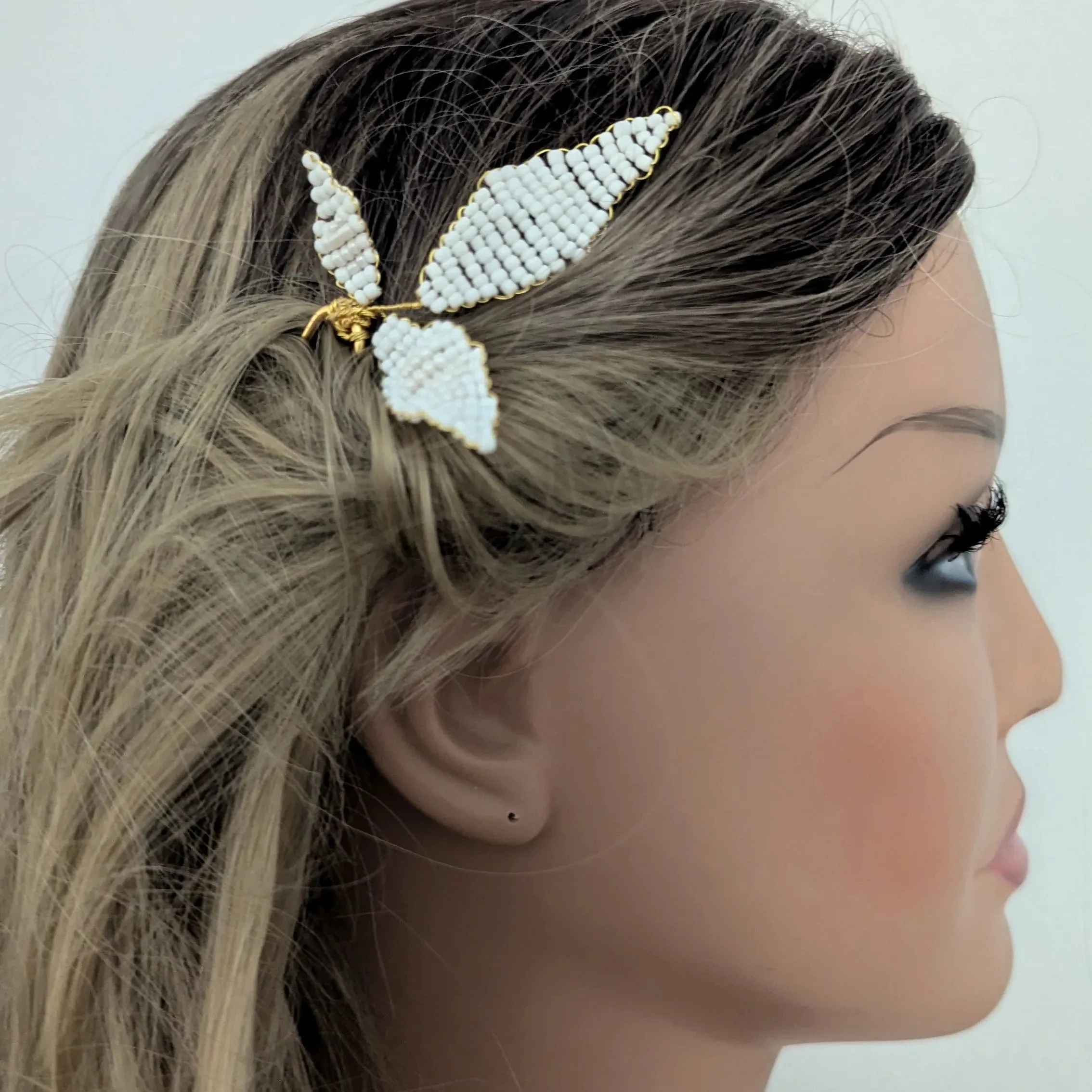 Beaded White Leaf Hair Pin