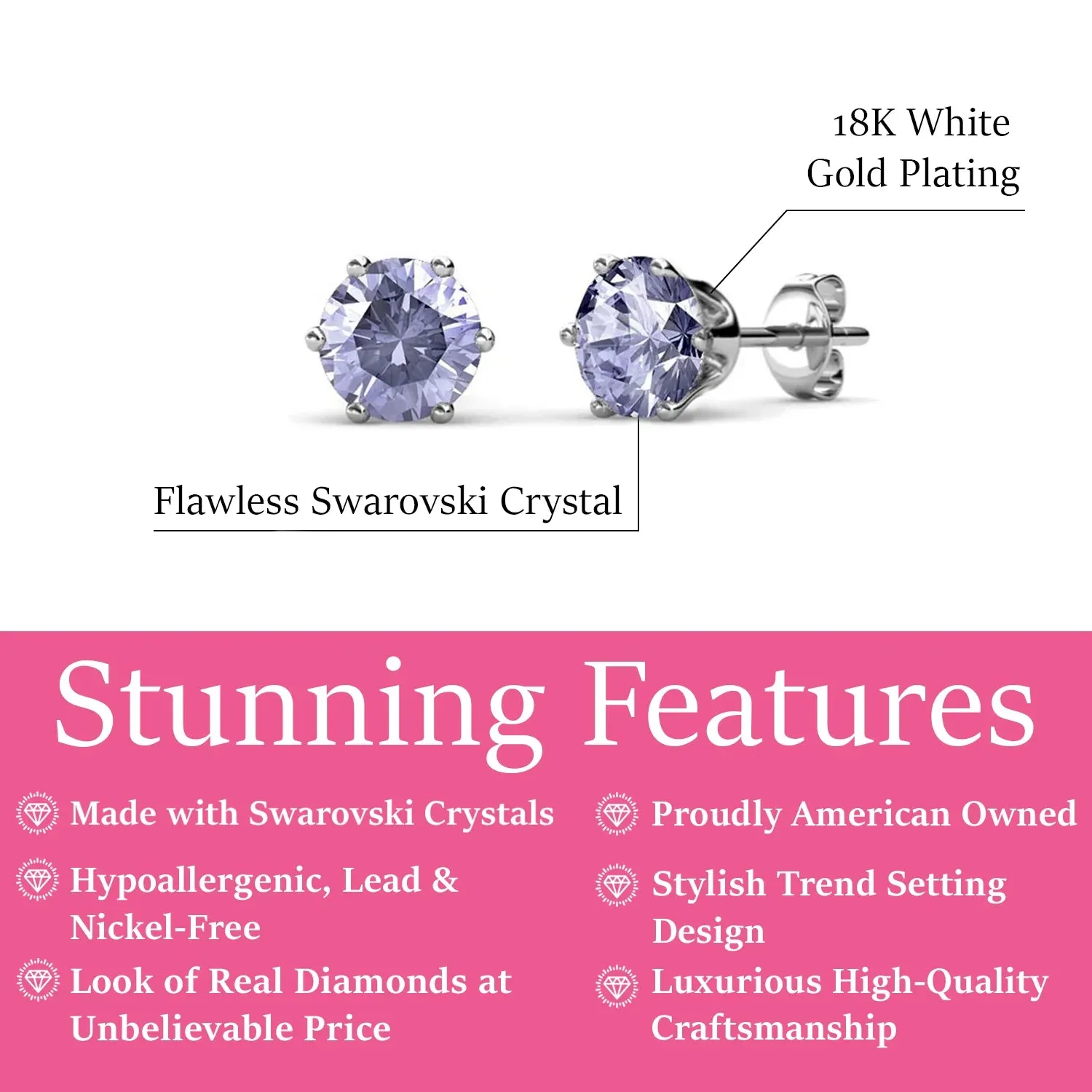 Birthstone Earrings 18k White Gold Plated Stud Earrings with 1CT Swarovski Crystals