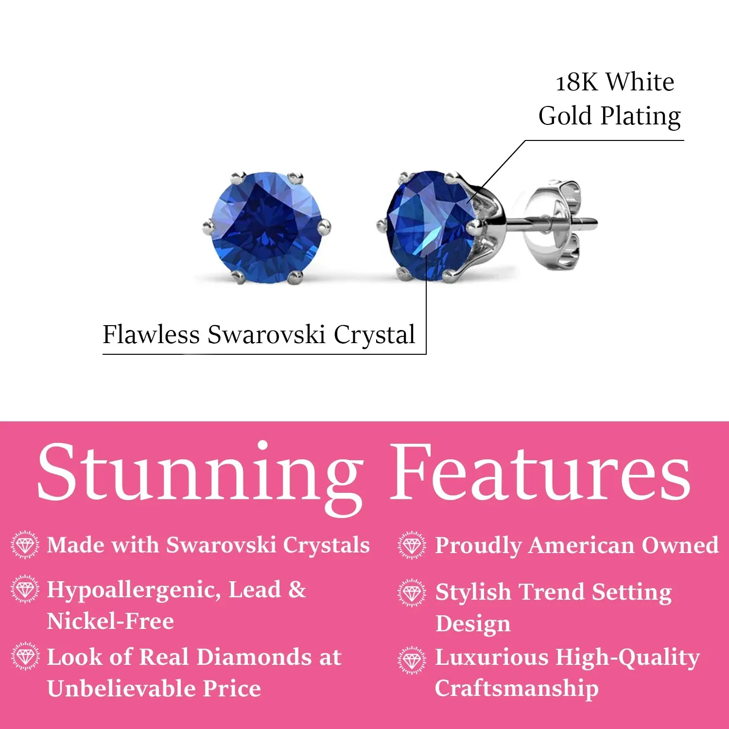 Birthstone Earrings 18k White Gold Plated Stud Earrings with 1CT Swarovski Crystals