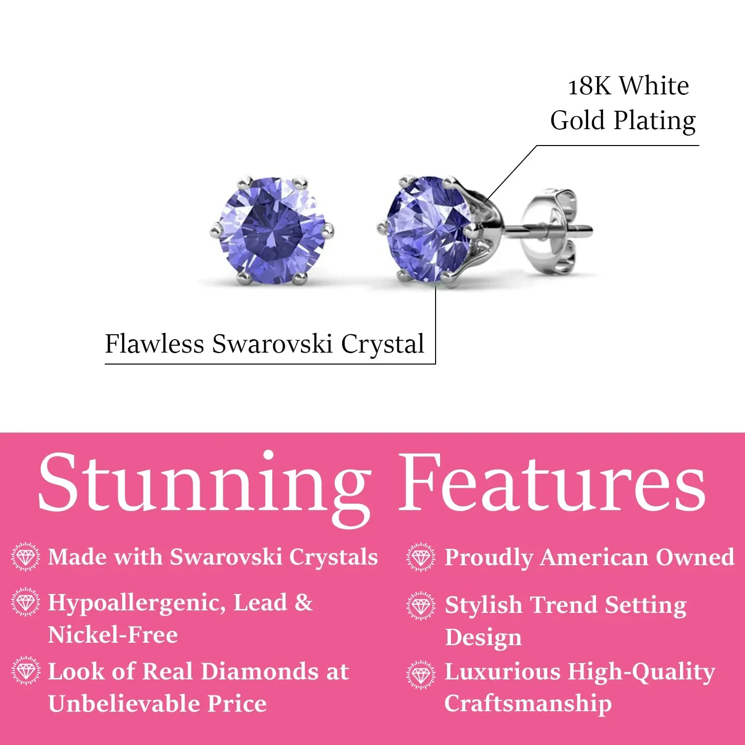 Birthstone Earrings 18k White Gold Plated Stud Earrings with 1CT Swarovski Crystals