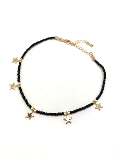 Black Beaded Anklet with Star Pendants