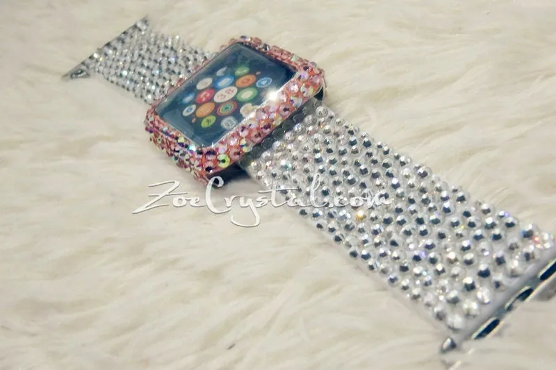 Bling Apple Watch Pink Mixed Ab Crystal Case/Protector/Cover with a Silver White Swarovski iWatch Band / Strap