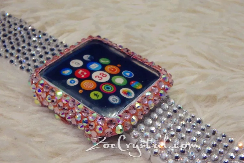 Bling Apple Watch Pink Mixed Ab Crystal Case/Protector/Cover with a Silver White Swarovski iWatch Band / Strap