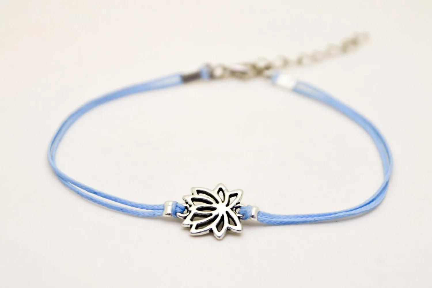 Blue ankle bracelet with silver lotus charm, yoga gift for her, preppy jewelry