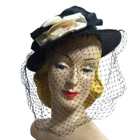 Blush Rose Black Hat w/ Dramatic Veil circa 1940s