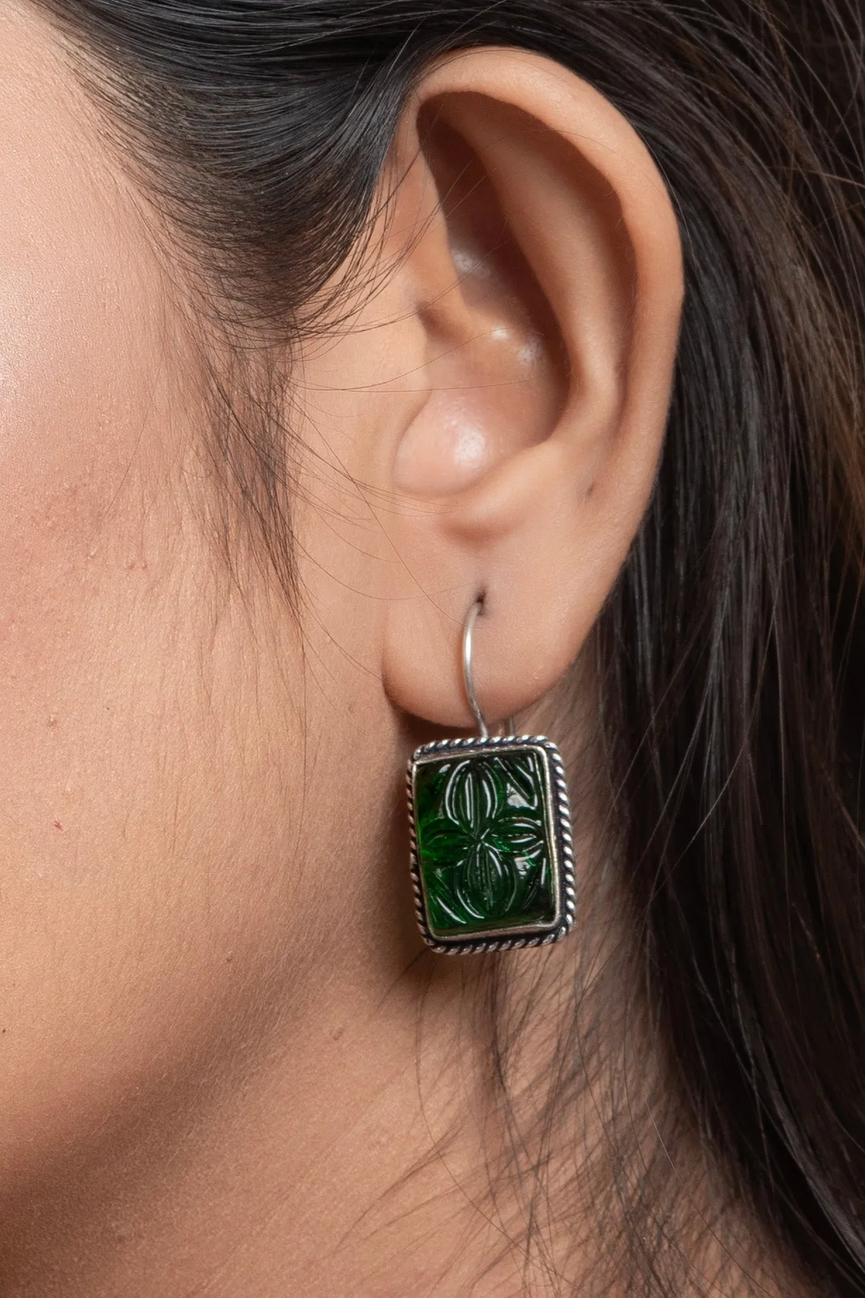 Bottle Green Carved Stone Earrings in Oxidised Silver, Non-Allergic & Ideal for Gifting