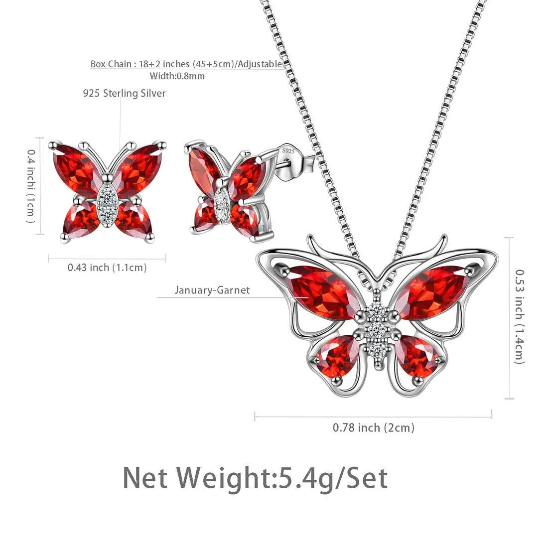 Butterfly Jewelry Set Birthstone January Garnet Women Girls Birthday Gift