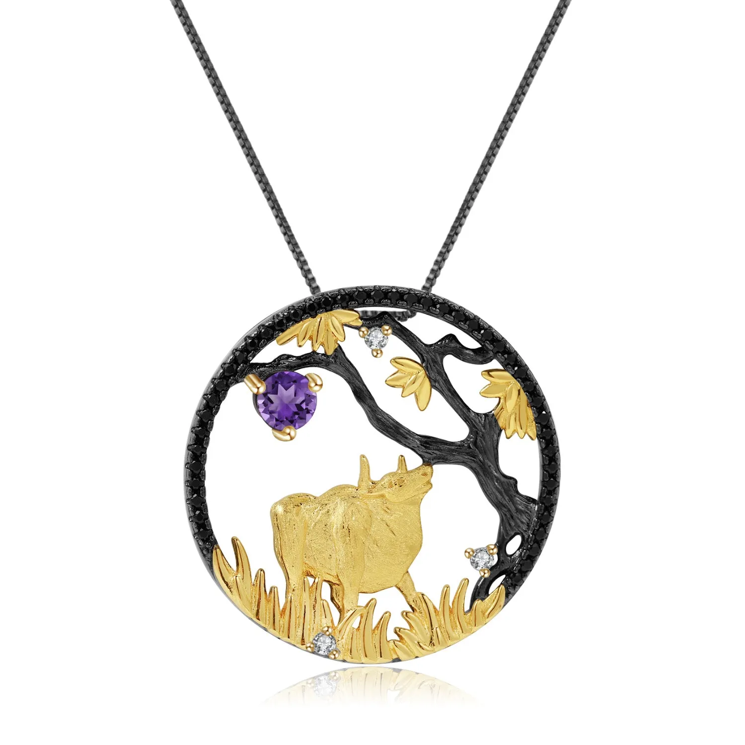 Chinese Style Element Design Zodiac Series Ox Natural Gemstone Pendant Silver Necklace for Women