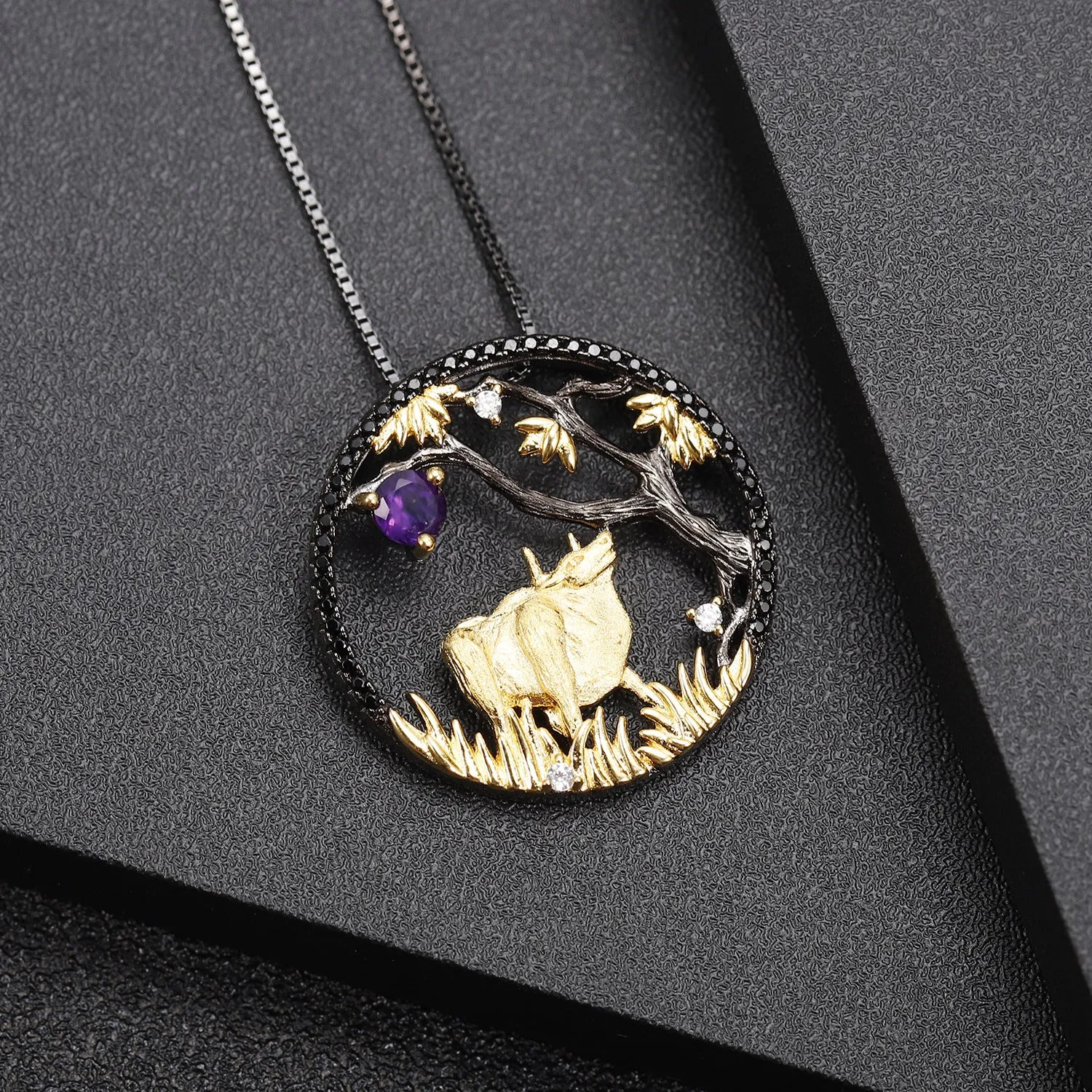 Chinese Style Element Design Zodiac Series Ox Natural Gemstone Pendant Silver Necklace for Women