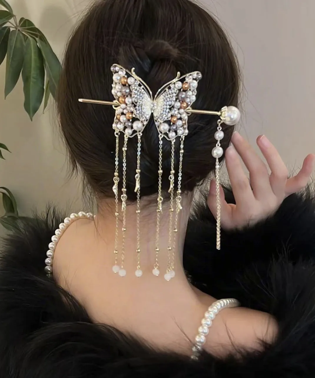 Classy White Sterling Silver Overgild Pearl Butterfly Tassel Hairpin QD031