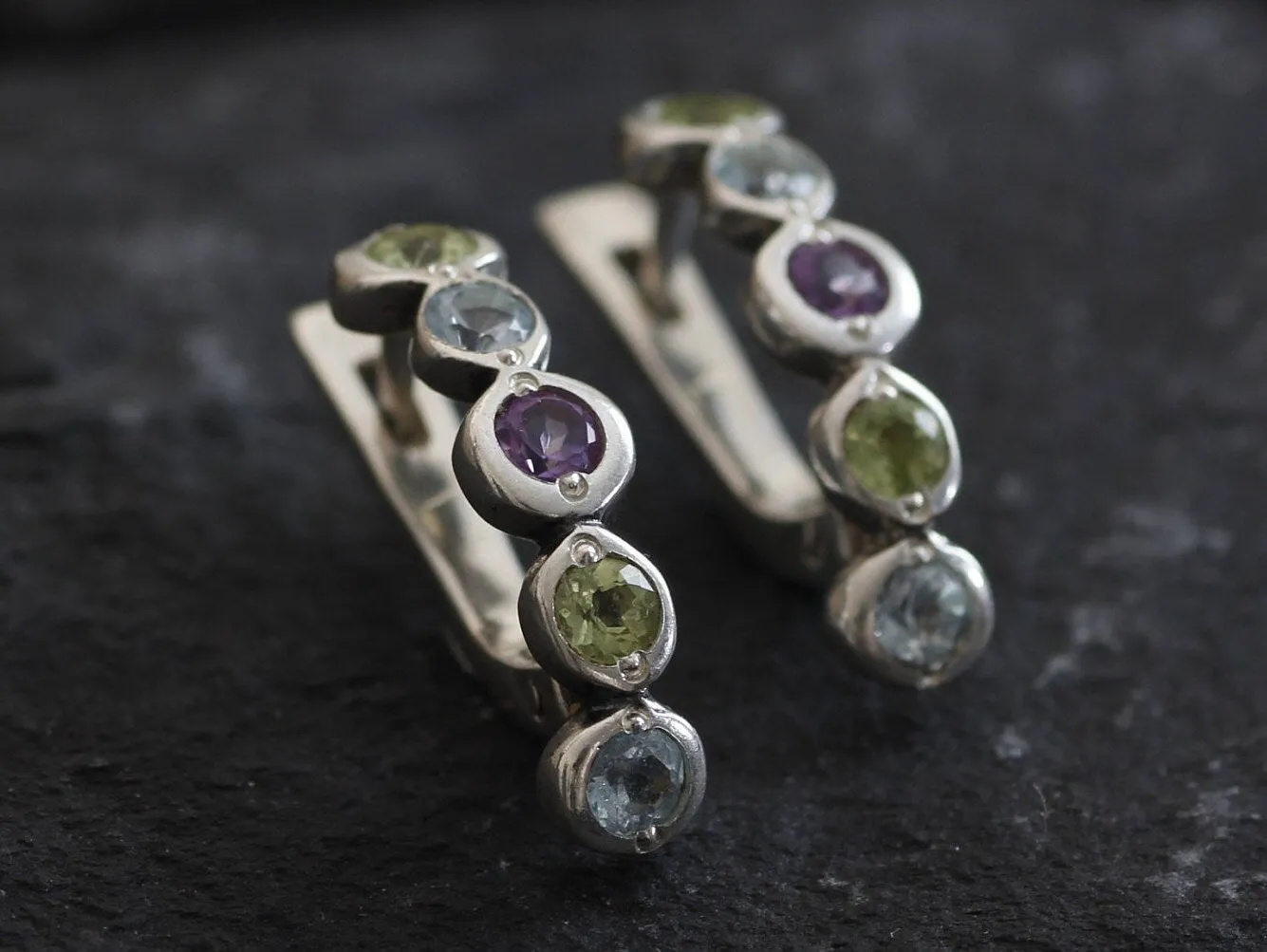 Colorful Bubble Earrings - Amethyst Peridot Blue Topaz Earrings, Genuine Stones Earrings