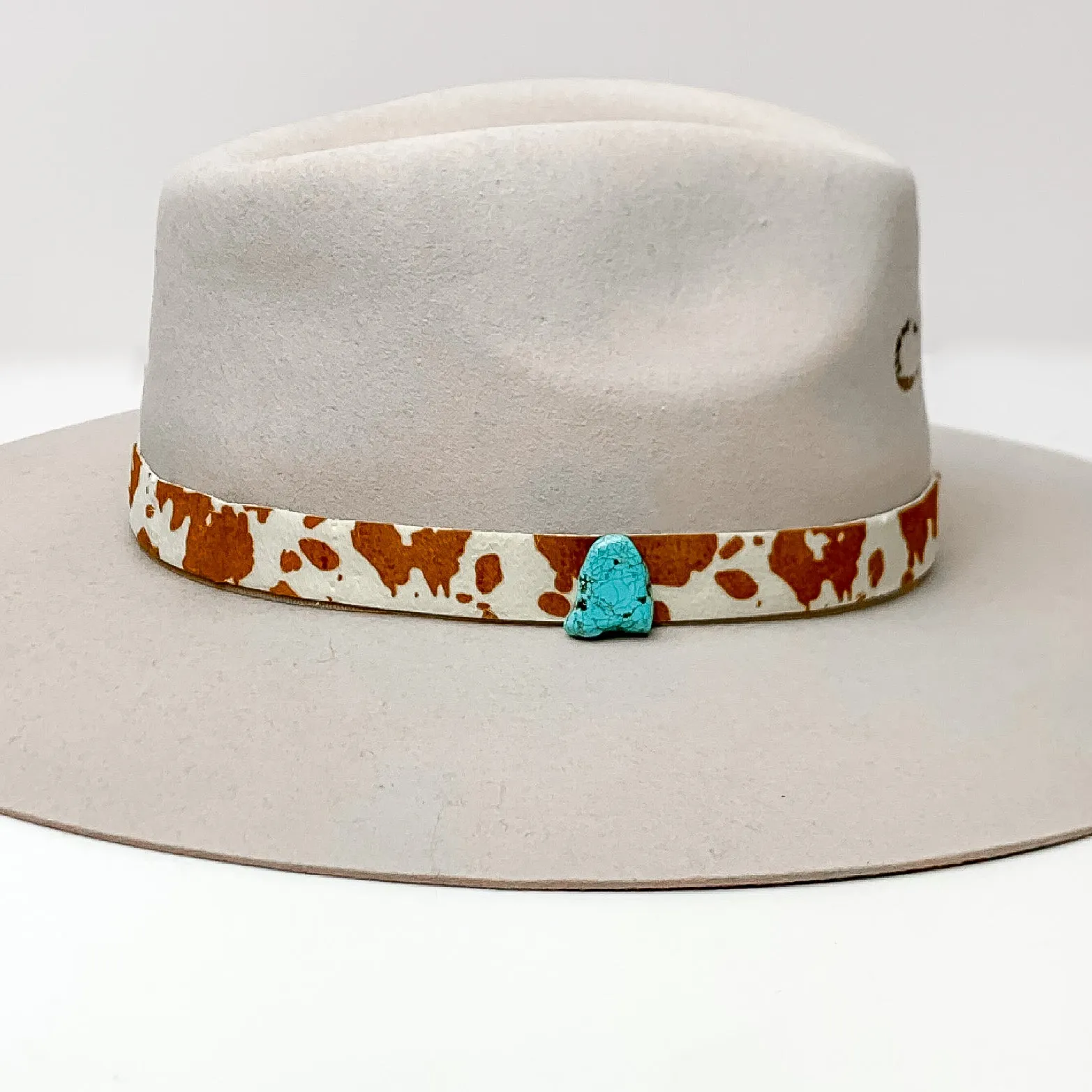 Cow Print Hat Band with Faux Turquoise Charm in Brown, and Ivory