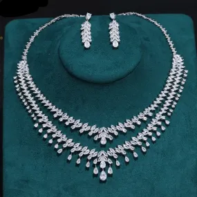 Cubic Zirconia Double Row 2pcs Necklace Earrings Jewelry Set Wedding  Accessory