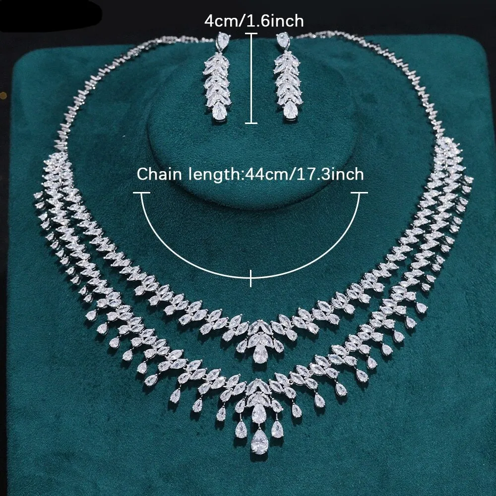 Cubic Zirconia Double Row 2pcs Necklace Earrings Jewelry Set Wedding  Accessory