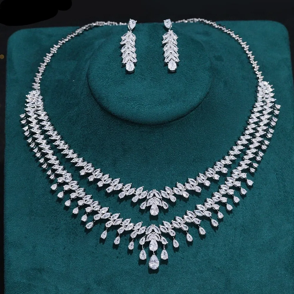 Cubic Zirconia Double Row 2pcs Necklace Earrings Jewelry Set Wedding  Accessory