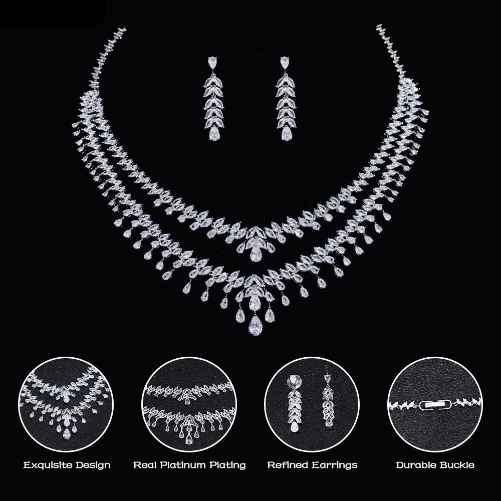 Cubic Zirconia Double Row 2pcs Necklace Earrings Jewelry Set Wedding  Accessory