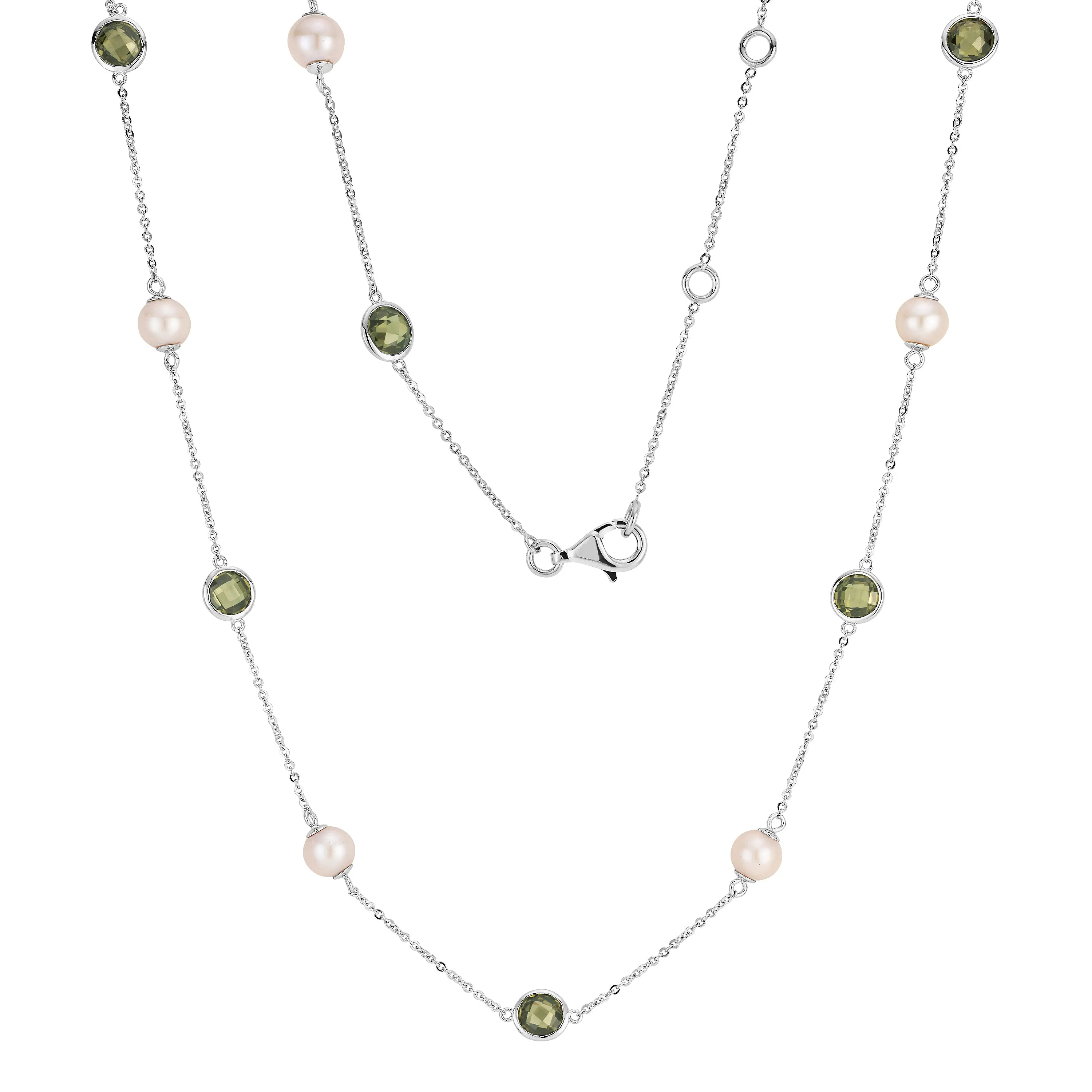 Cultured freshwater pearl and peridot simulant drop necklace in sterling silver