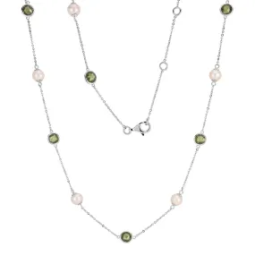 Cultured freshwater pearl and peridot simulant drop necklace in sterling silver