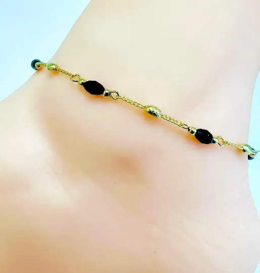 Dainty Black Beads Anklet Bracelet 10" in Gold Filled/ Women's Anklet Bracelet/Everyday Bracelet for Foot/ Gold Anklet Bracelet Womens Chain