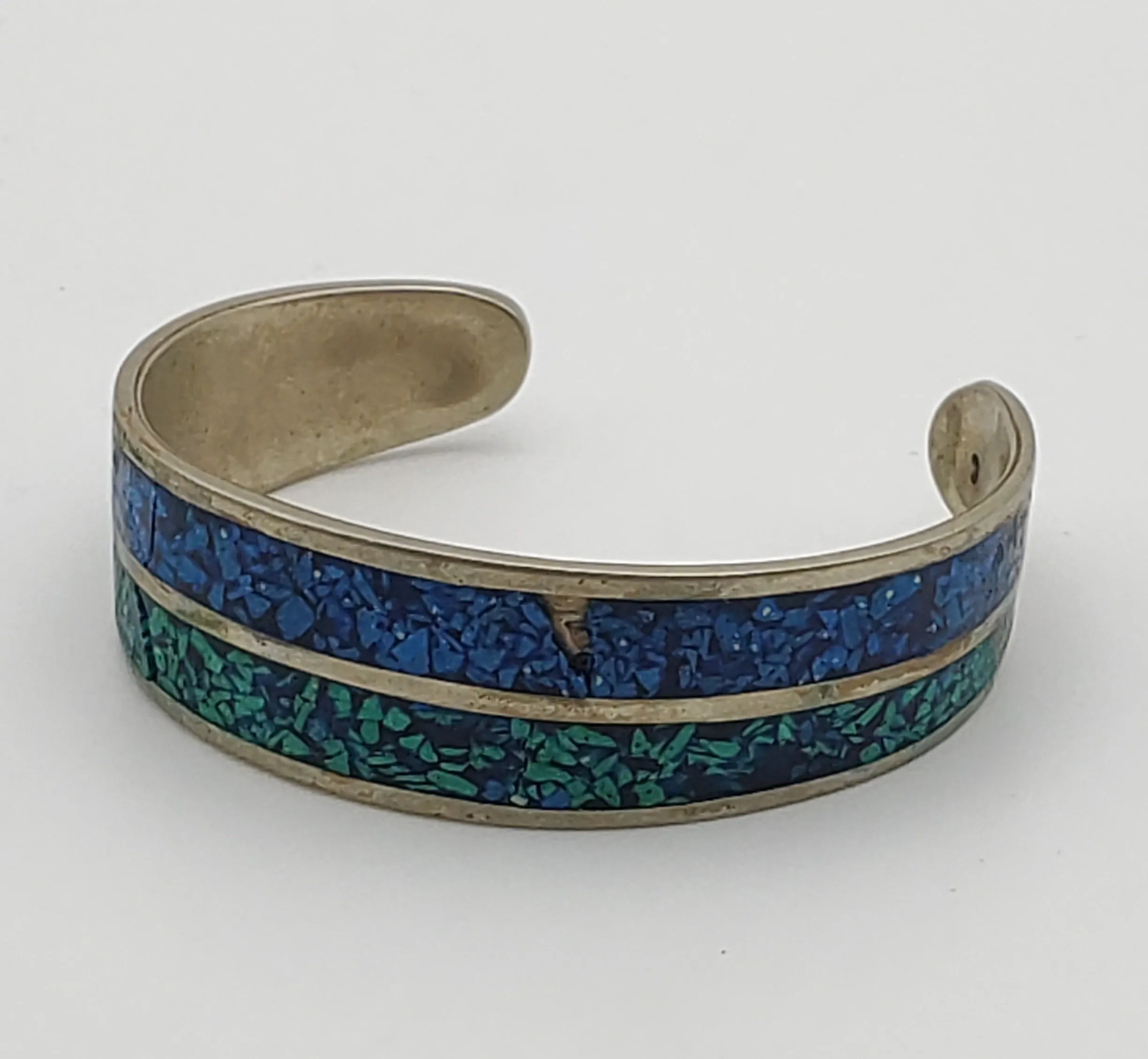 DAMAGED Vintage Cuff Bracelet with Inlaid Green and Blue Crushed Stone