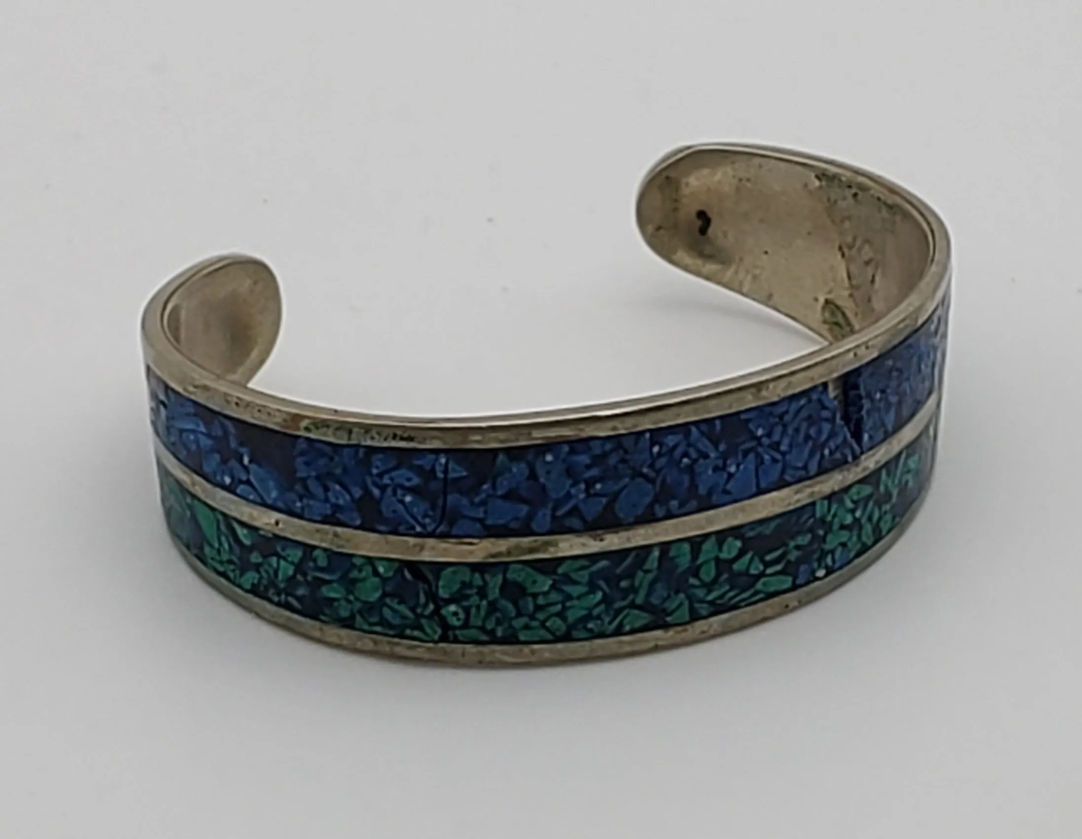 DAMAGED Vintage Cuff Bracelet with Inlaid Green and Blue Crushed Stone