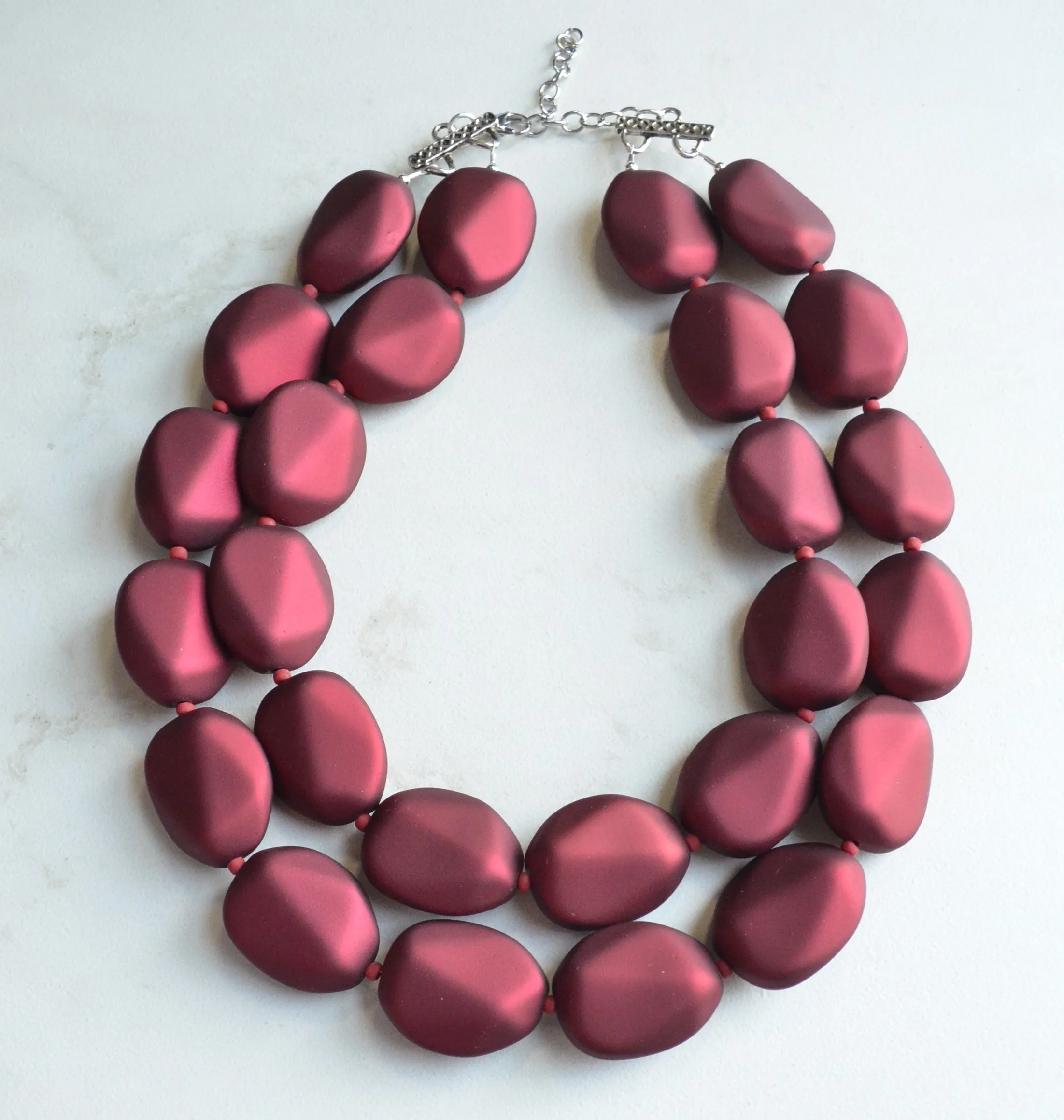 Dark Red Rubber Bead Matte Multi Strand Statement Necklace - Nikki