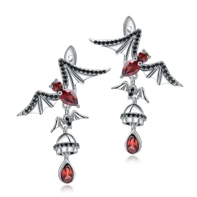 Dark Retro Style Inlaid Natural Garnet Bat Design Sterling Silver Drop Earrings for Women