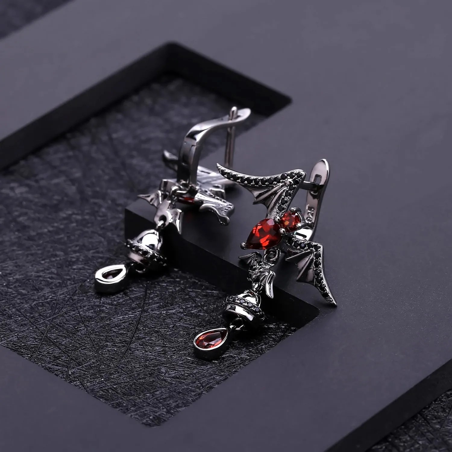 Dark Retro Style Inlaid Natural Garnet Bat Design Sterling Silver Drop Earrings for Women