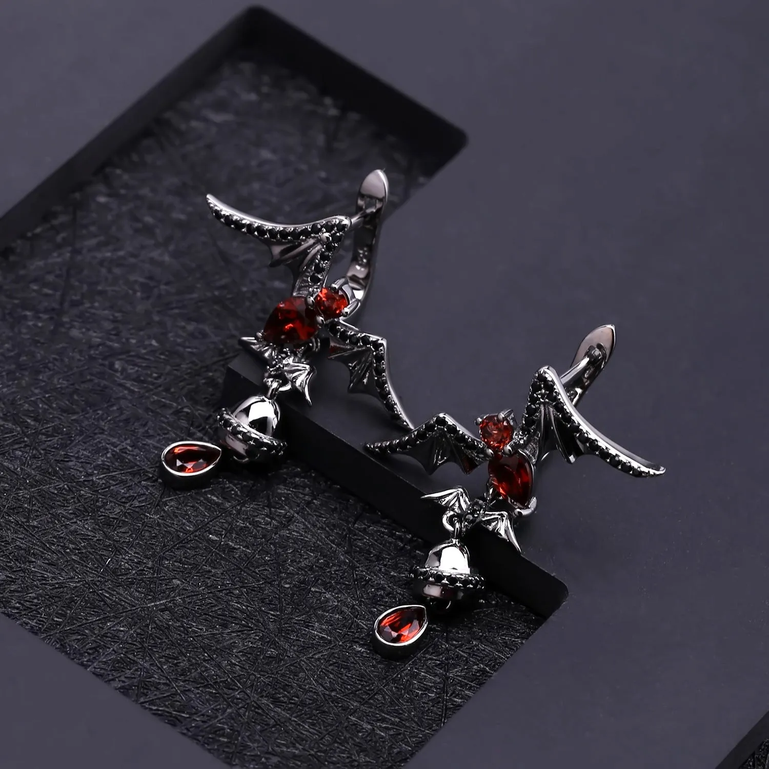 Dark Retro Style Inlaid Natural Garnet Bat Design Sterling Silver Drop Earrings for Women