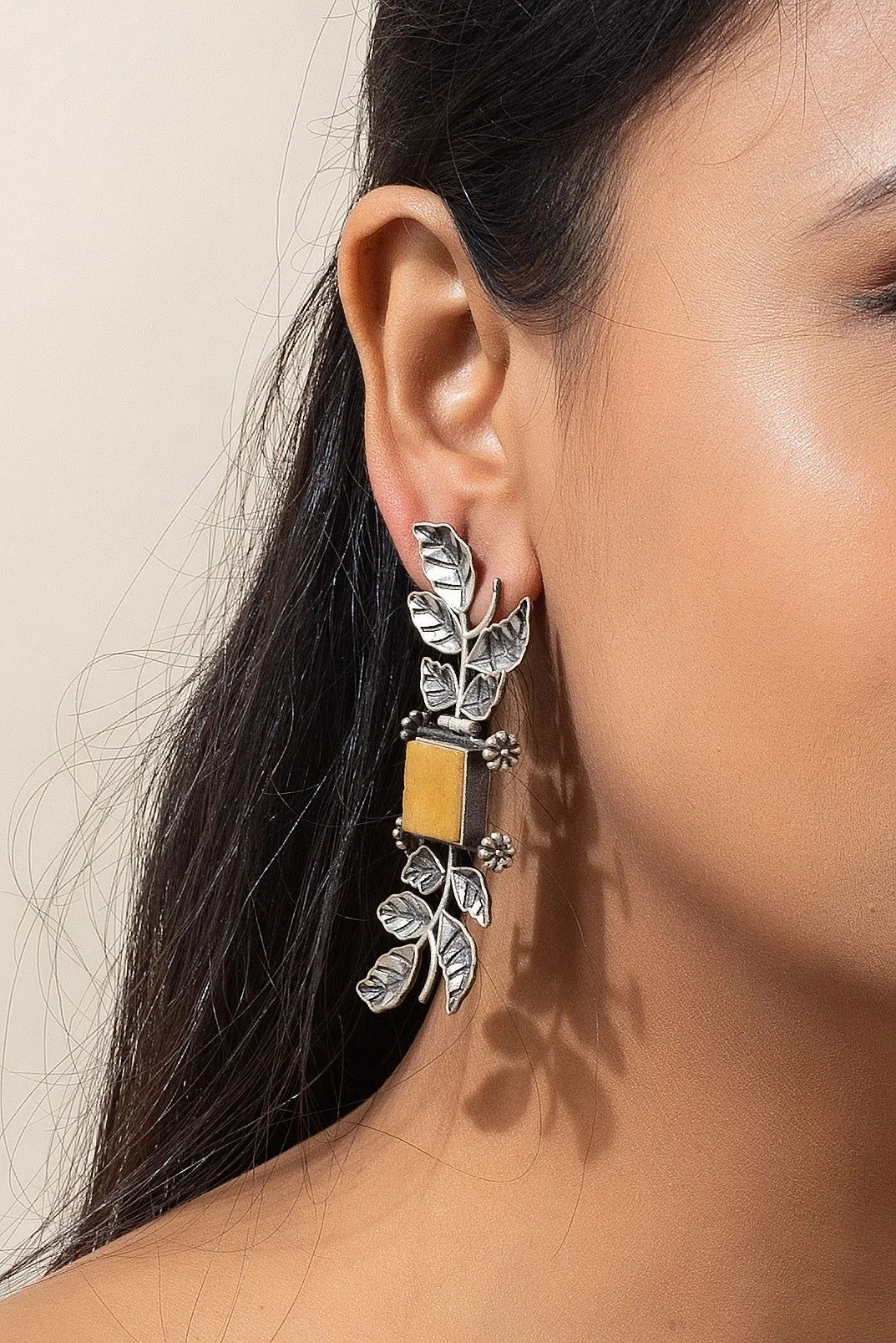 Designer Oxidised Silver Leaf with Yellow Stone Earrings - Unique Long Studs for Any Occasion