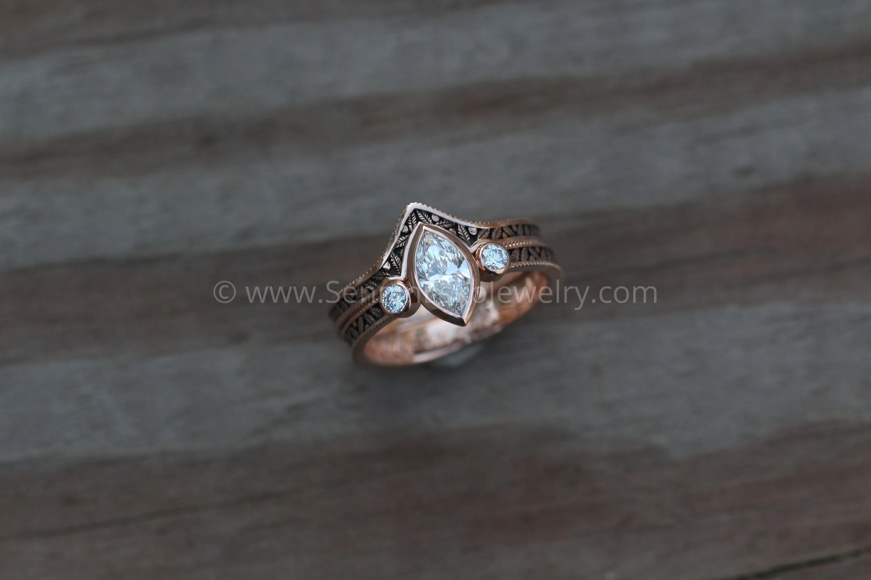 Diamond Rose Gold Hand Made Vintage Engagement Ring Set - Marquise Ring - Leaf