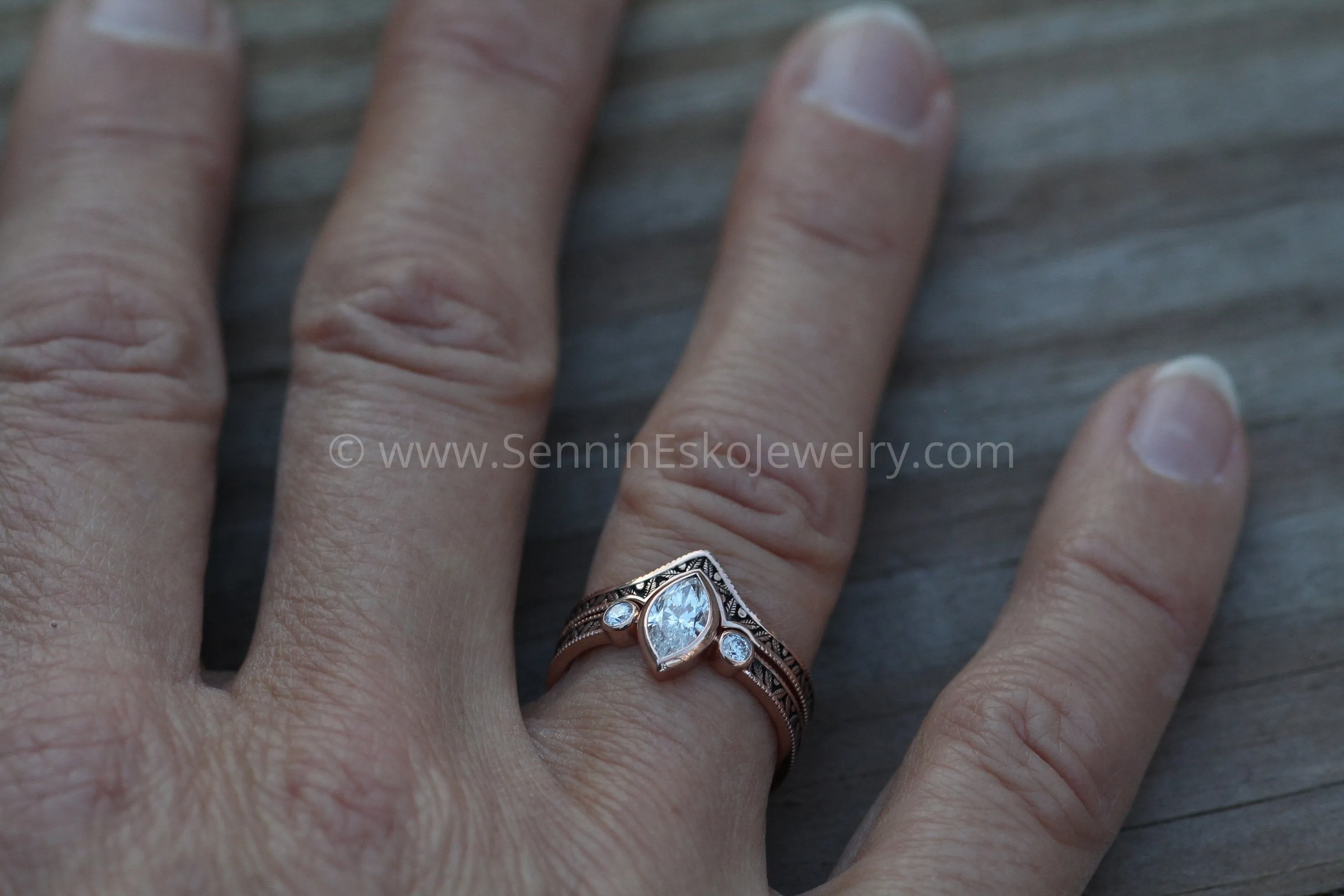 Diamond Rose Gold Hand Made Vintage Engagement Ring Set - Marquise Ring - Leaf