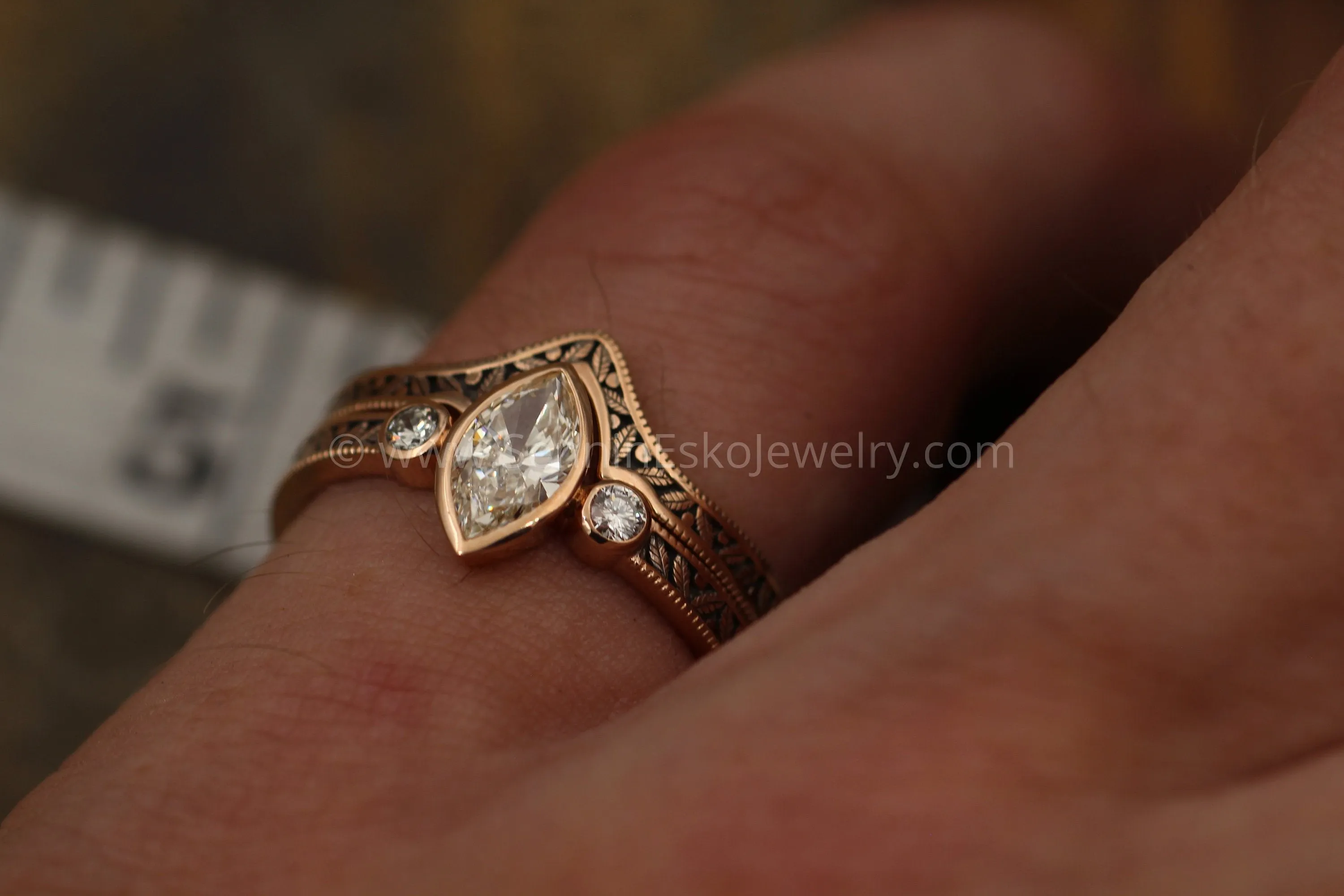 Diamond Rose Gold Hand Made Vintage Engagement Ring Set - Marquise Ring - Leaf